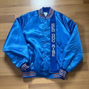 Men's Vintage 80's Red Dog Mine Alaska Blue Red Satin Snap Bomber Jacket Sz XL